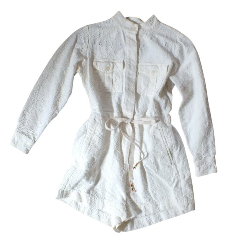 J Crew White/Off White Embroidered Long Sleeve Romper Beaded Drawstring 2